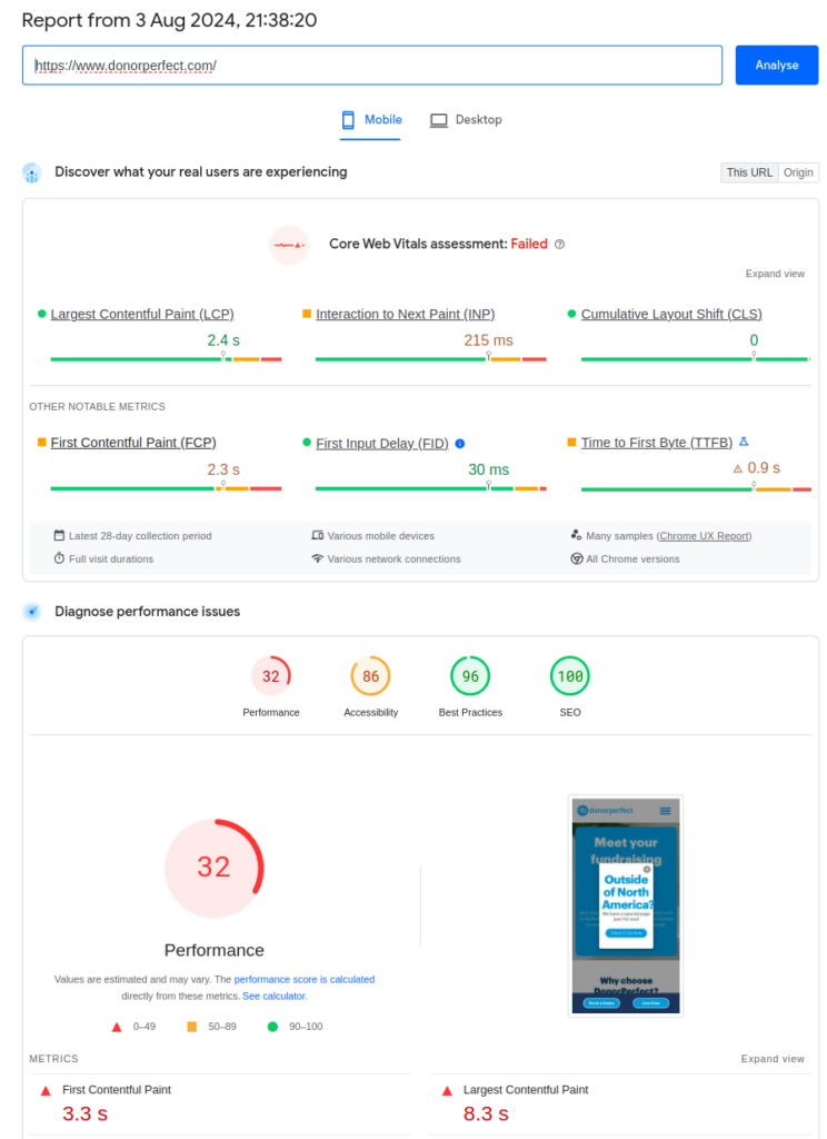 donorperfect.com - PageSpeed insights scoring